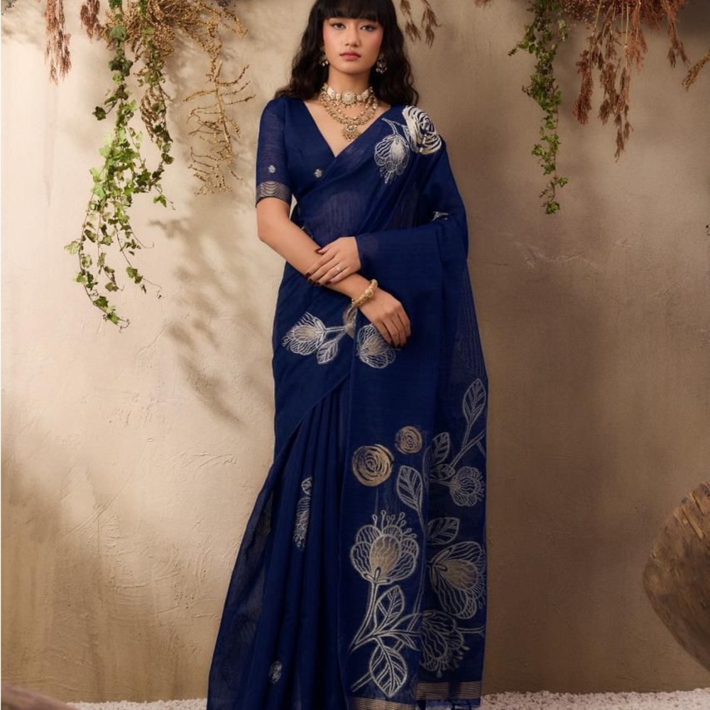 Elegant soft cotton Navy Blue Floral printed Saree for women